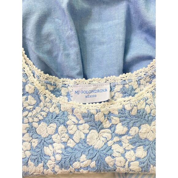 Mi Golondrina Flores Embroidered Mexican Top Blouse Blue White Cotton Tuckernuck - Picture 4 of 5